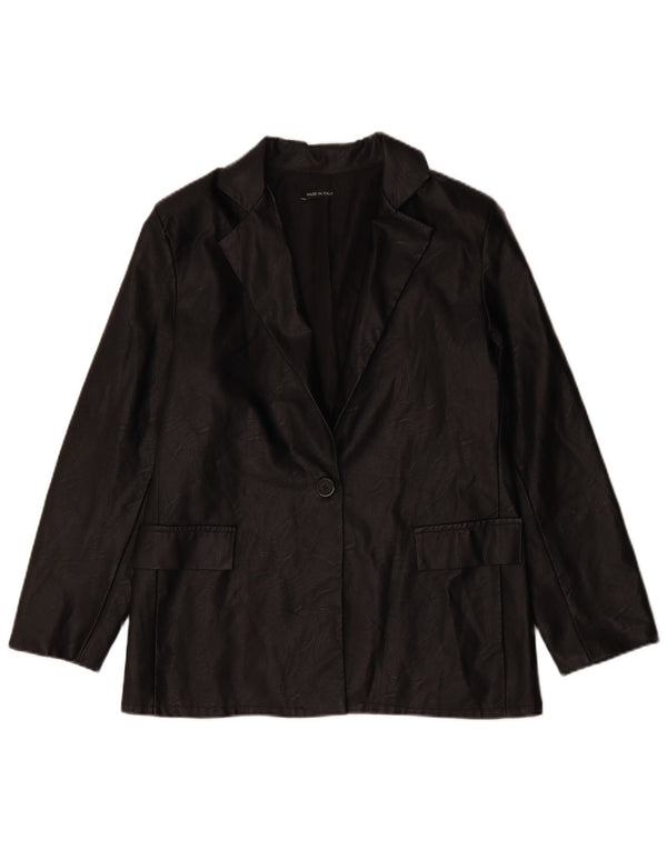 VINTAGE Mujer 1 Botón Chaqueta Blazer de Cuero Sintético Reino Unido 12 Negro Medio