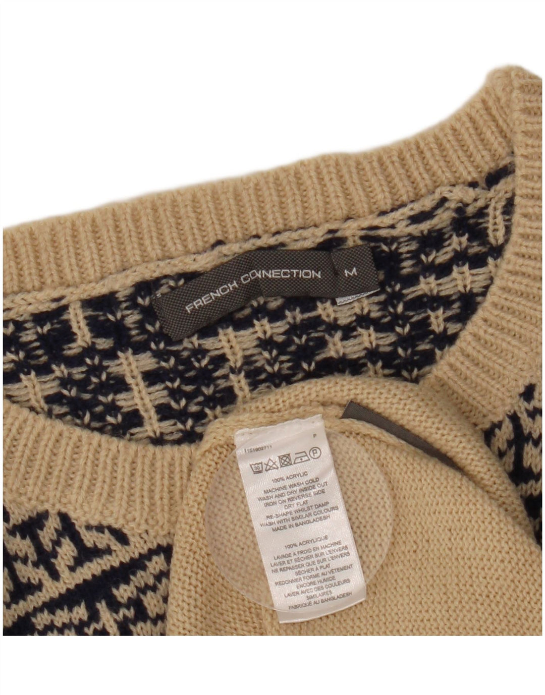 FRENCH CONNECTION Suéter tipo jersey con cuello barco para hombre, color beige medio, geométrico