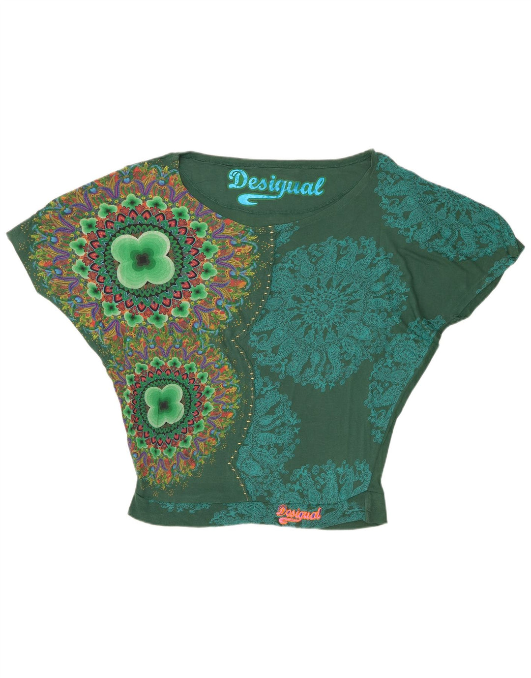 Desigual Mujer Blusa De Alas De Murciélago Con Gráfico De Gran Tamaño UK 44 Verde Medio