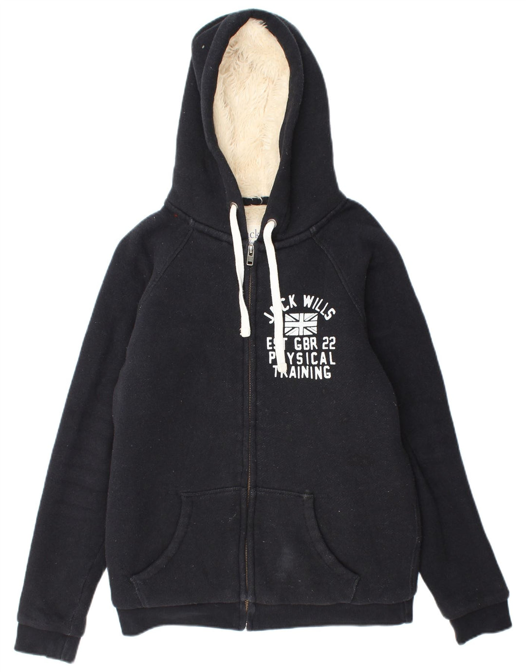 JACK WILLS Suéter con capucha y cremallera Sherpa gráfica para mujer UK 10 Small Black
