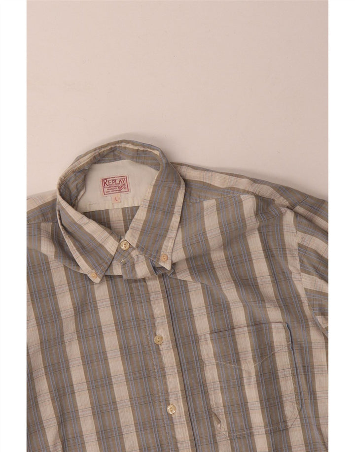 REPLAY Camisa Hombre Grande Gris Cuadros Algodón