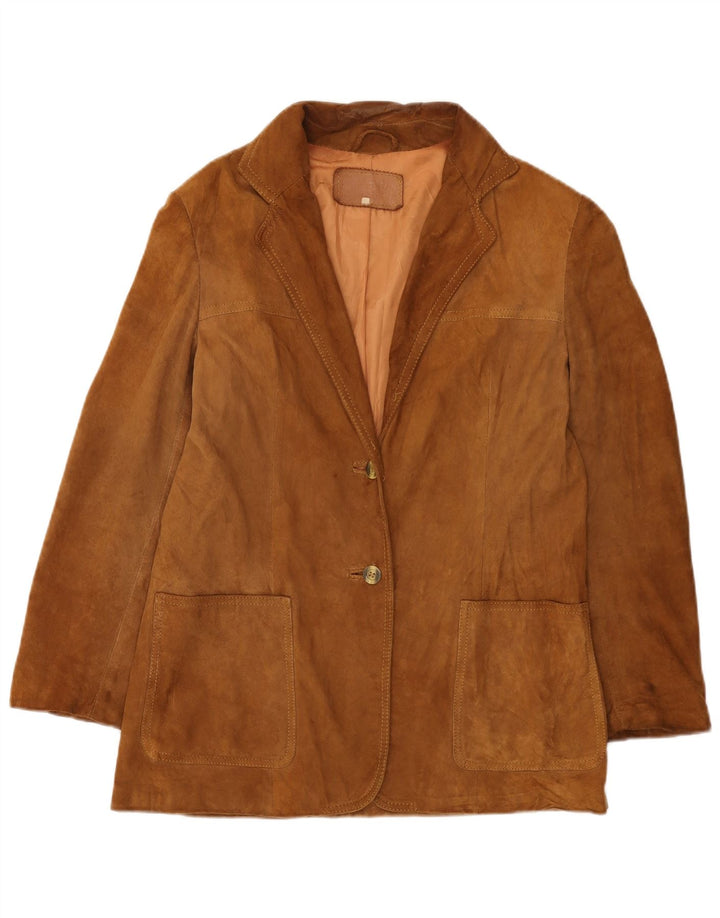 Vintage mujer 2 botones ante Blazer chaqueta Reino Unido 12 cuero beige medio