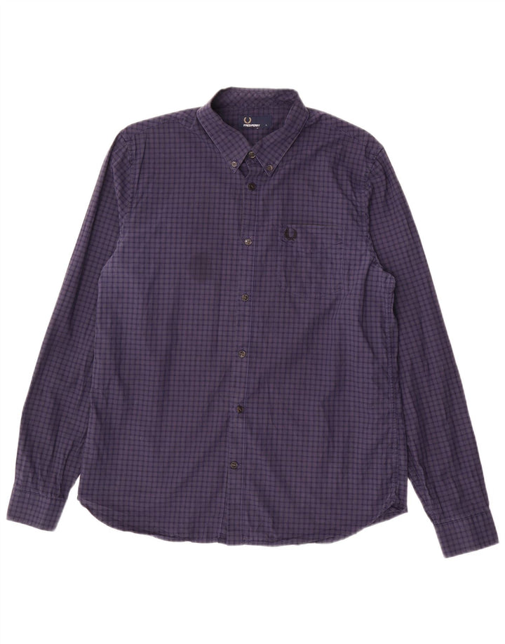 FRED PERRY Camisa para hombre grande de algodón a cuadros azul marino