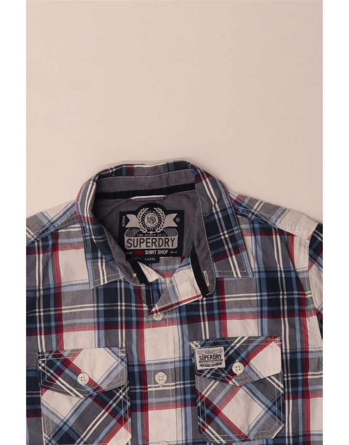 SUPERDRY Camisa de manga corta para hombre de algodón a cuadros azul marino grande