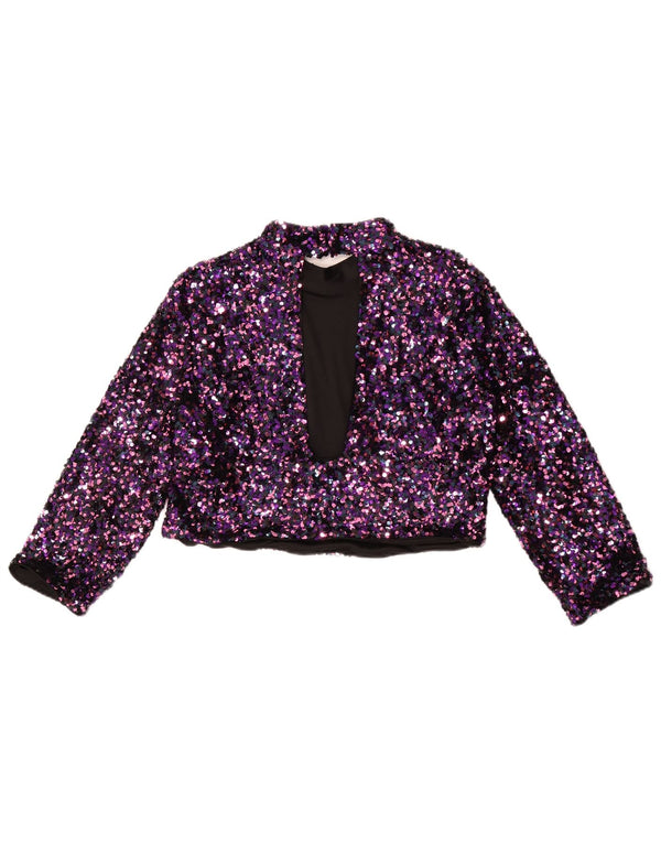 Zara Mujer Crop Blusa De Manga 3/4 Top UK 44 Grande Púrpura Moteado