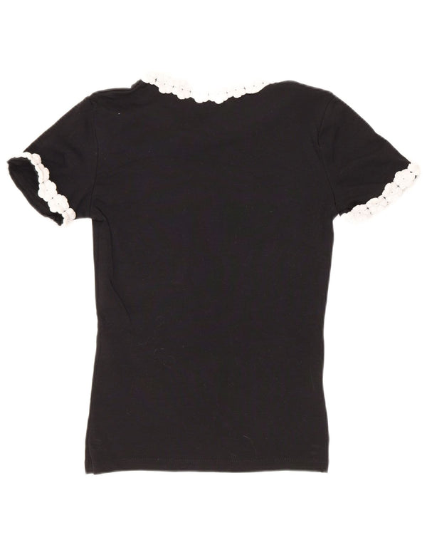 Zara Mujer Crop Camiseta Top UK 8 Small Negro Floral Algodón