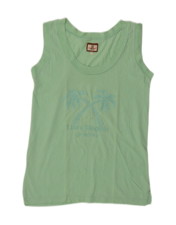 Laura Biagiotti Top sin mangas gráfico para mujer UK 10 Small Green Cotton