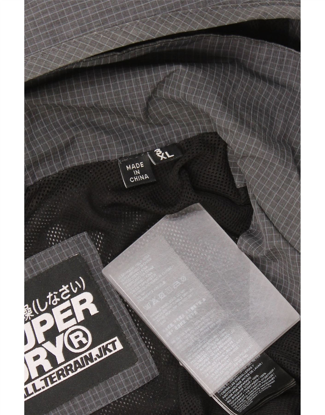 Superdry Chaqueta impermeable con capucha y gráfico para hombre UK 46 3XL Poliéster a cuadros gris