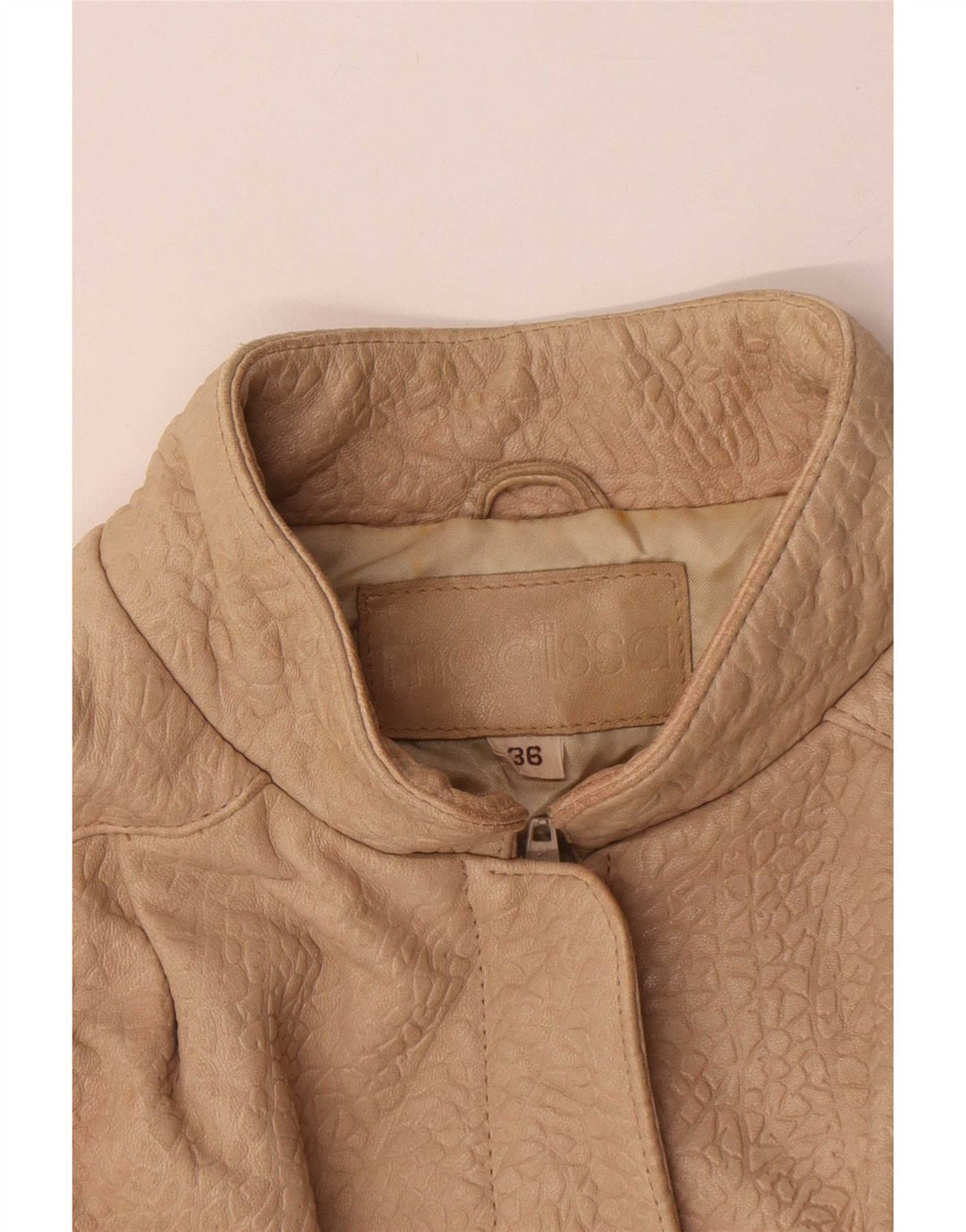 Vintage mujer chaqueta de cuero de gran tamaño EU 36 pequeño beige animal print