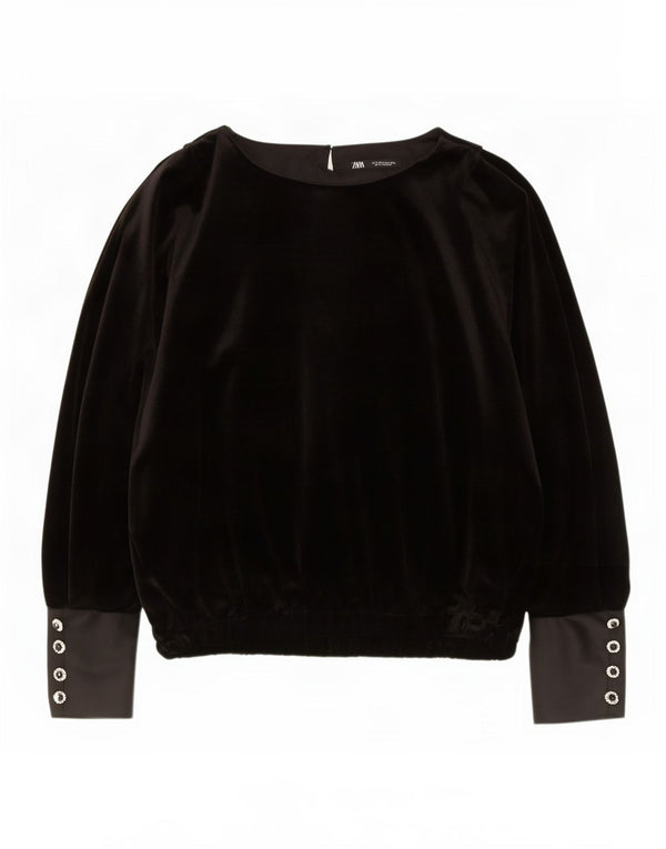 Zara Blusa De Terciopelo De Manga Larga Extragrande para Mujer UK 44 Medium Black