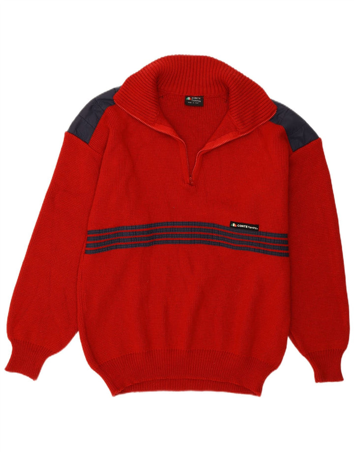 Vintage hombres zip cuello jersey suéter medio rojo colorblock