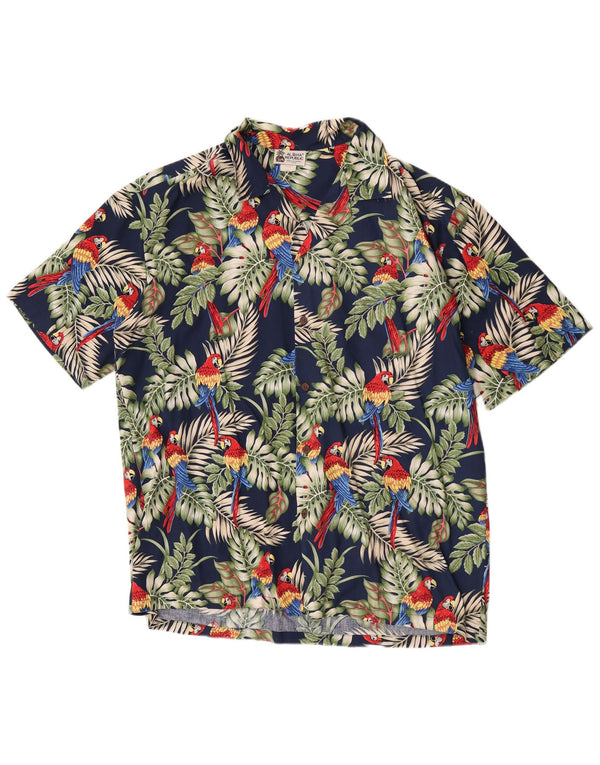 Vintage hombres hawaiano manga corta camisa XL azul marino floral algodón