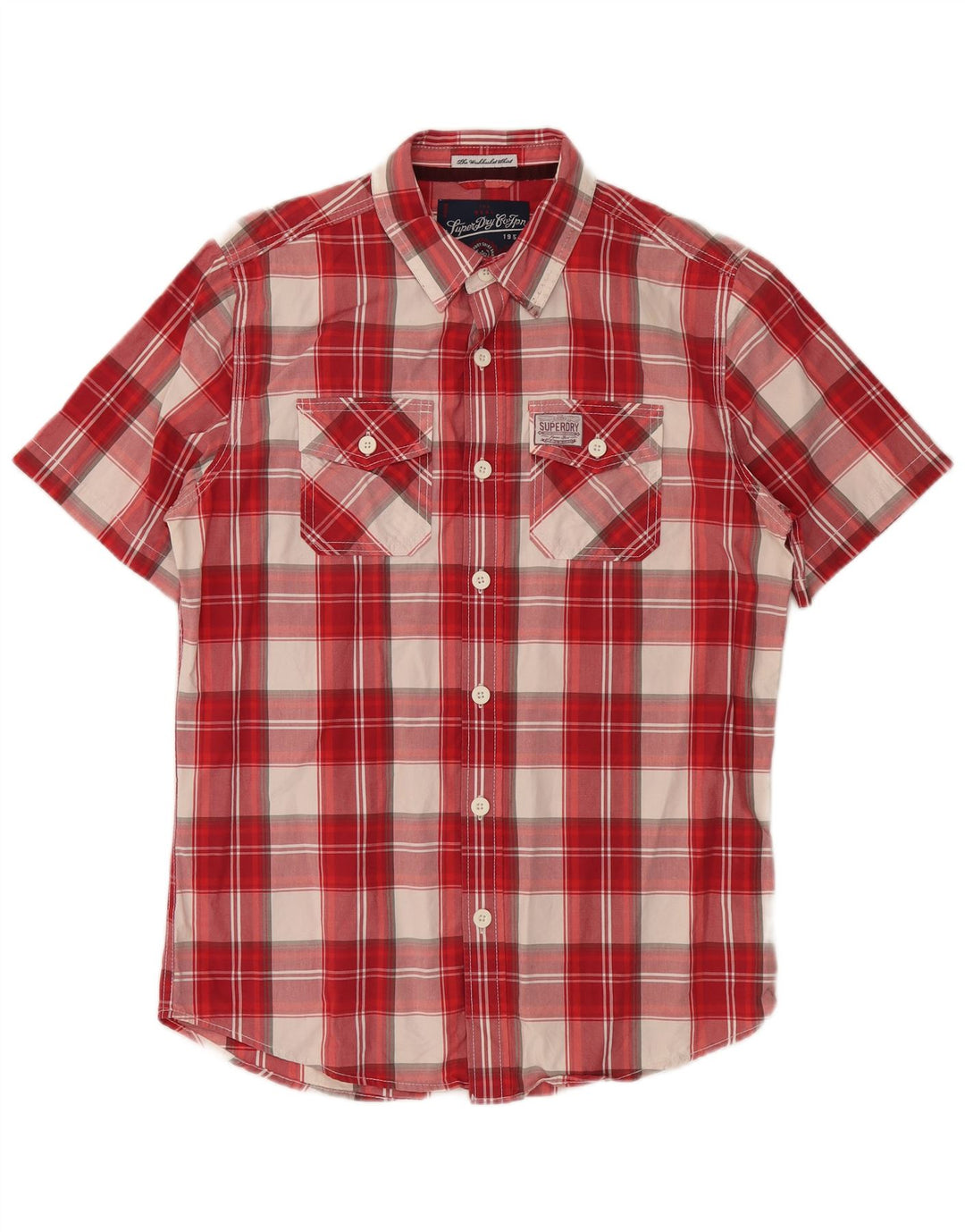 SUPERDRY Camisa Manga Corta Hombre XL Algodón Cuadros Rojos