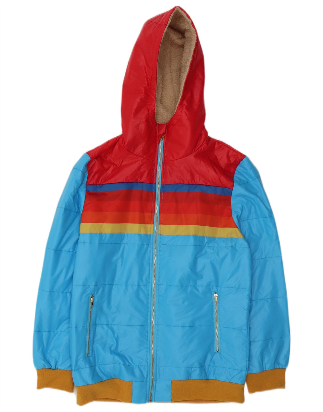 Vintage mujer chaqueta cortavientos con capucha Reino Unido 14 bloque de color azul medio