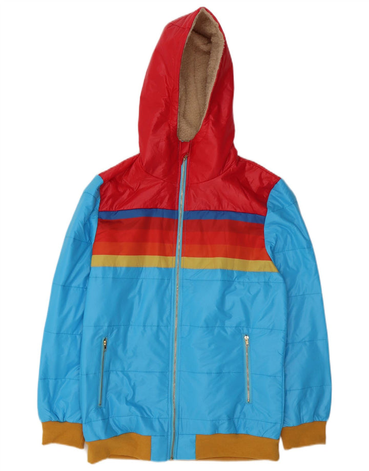 Vintage mujer chaqueta cortavientos con capucha Reino Unido 14 bloque de color azul medio