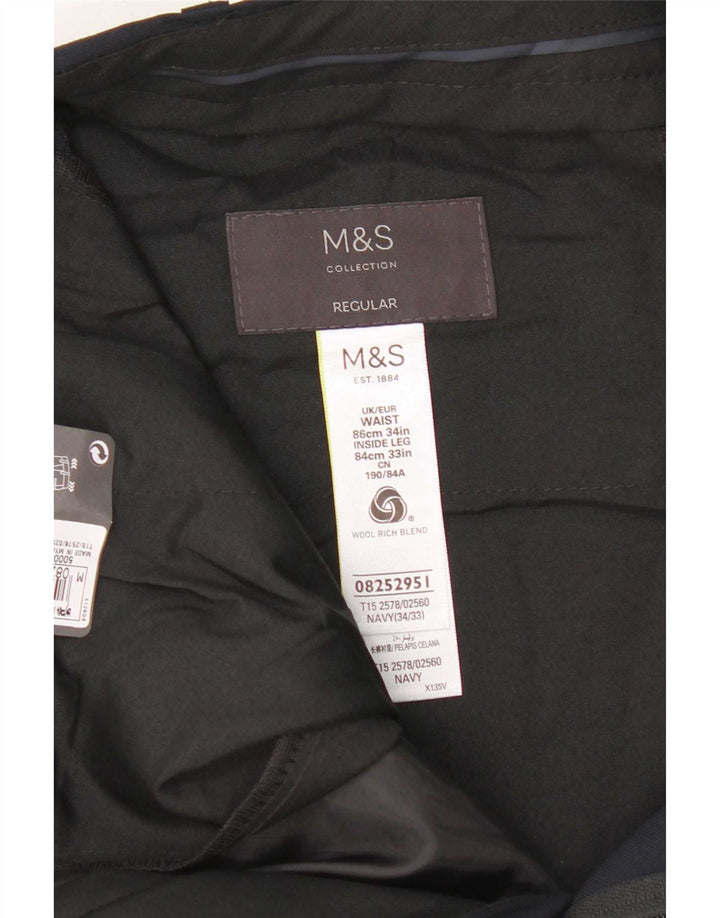 Marks & Spencer Pantalón de traje regular para hombre W34 L33 Lana azul marino