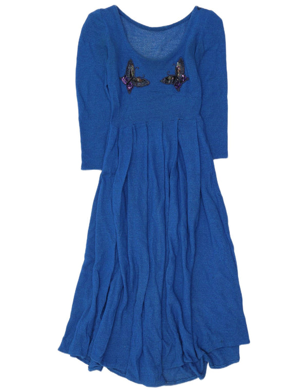 Vintage mujer manga larga Maxi vestido Reino Unido 4 XS mariposa azul