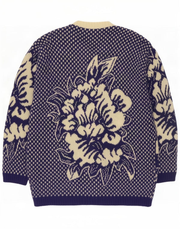 Vintage mujer Cardigan suéter Reino Unido 16 gran lana floral azul marino