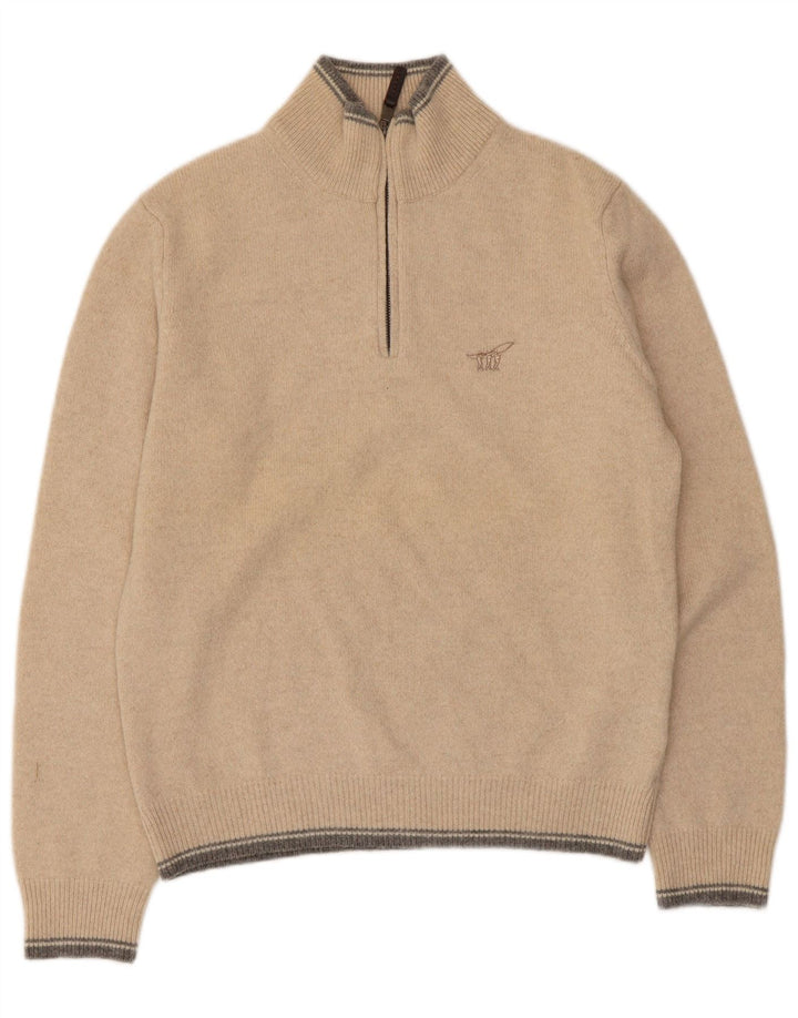 Henry Cottons - Jersey para hombre con cuello y cremallera, de lana virgen a rayas, color beige medio