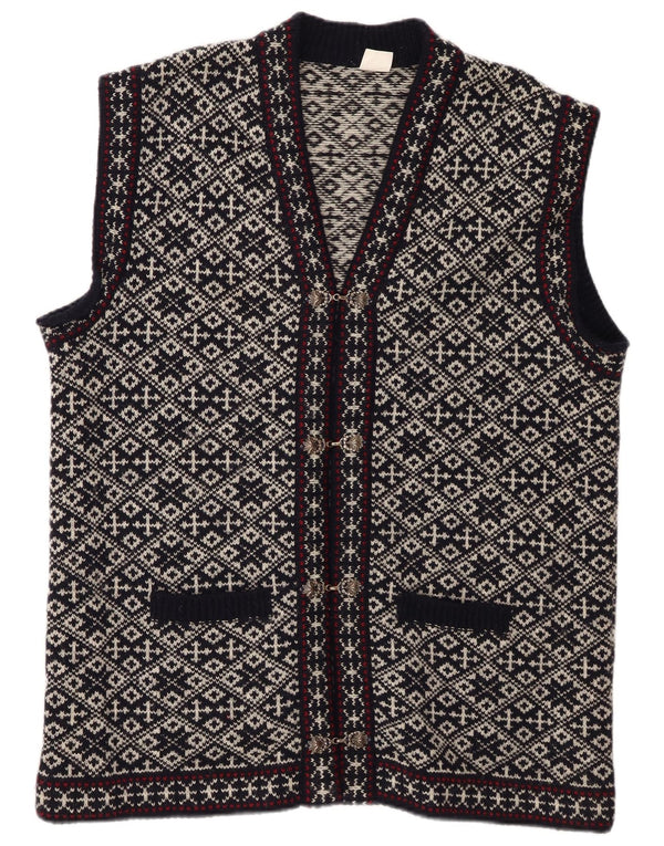 Vintage hombres chaleco grande azul marino lana geométrica