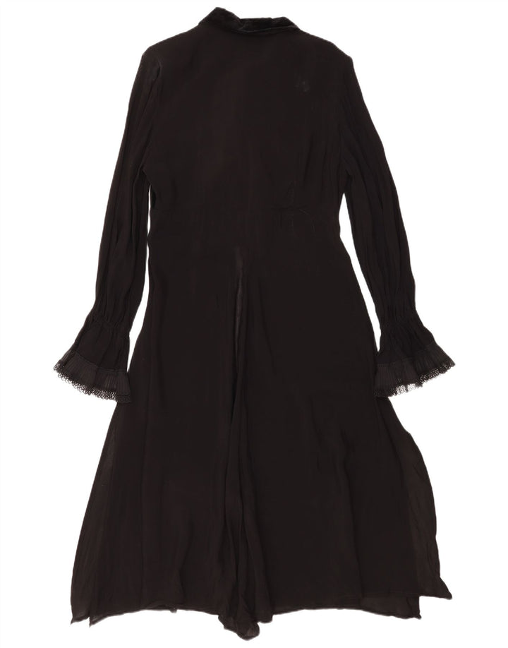 Vintage mujer manga larga volante frente maxi vestido IT 44 medio negro