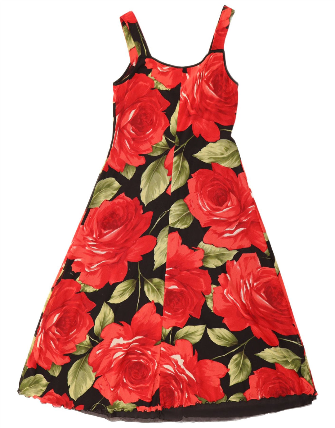 VINTAGE Vestido maxi sin mangas para mujer Reino Unido 12 Poliamida floral negra mediana