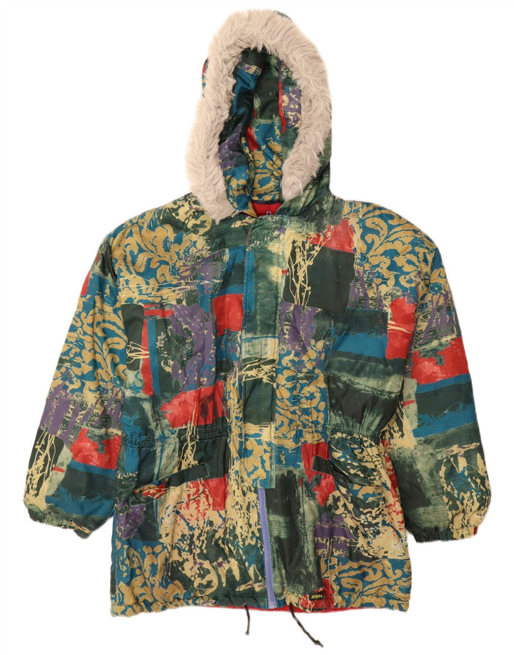 Vintage hombres con capucha cortavientos abrigo Reino Unido 38 medio verde patchwork poliéster