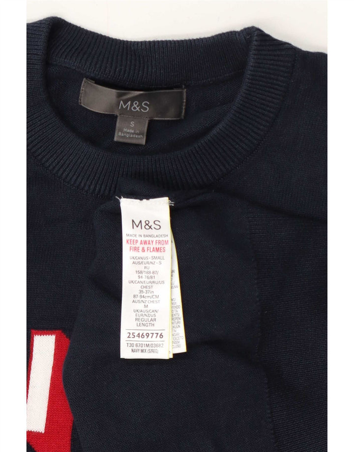 Marks & Spencer Jersey con cuello redondo y gráfico para hombre, talla pequeña, azul marino