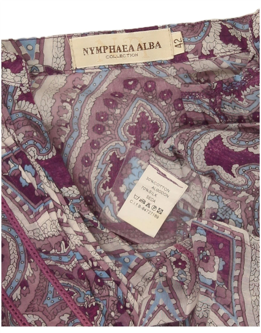 Nymphaea Alba Top Túnica De Manga Larga Para Mujer IT 42 Seda Paisley Púrpura Mediana