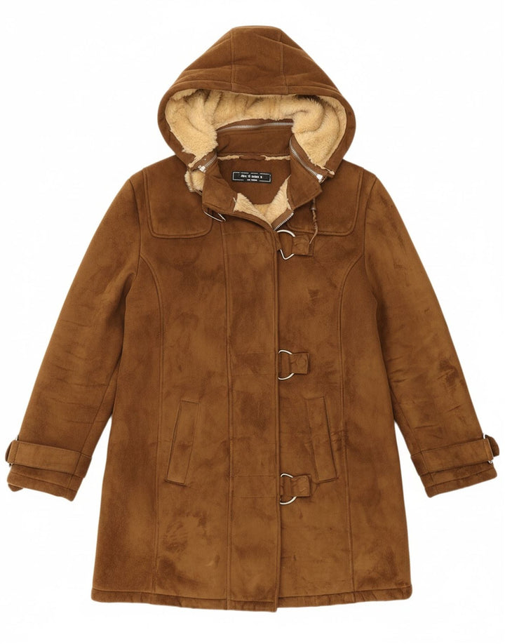 DAVID MOORE Womens Hooded Sherpa Overcoat UK 14 Large Brown Polyester