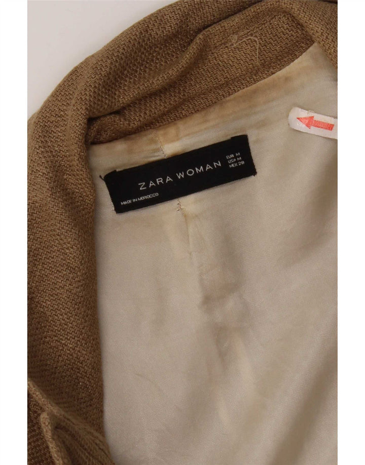 Zara Mujer Chaqueta Blazer Larga De Doble Botonadura UK 44 Lino Marrón Medio