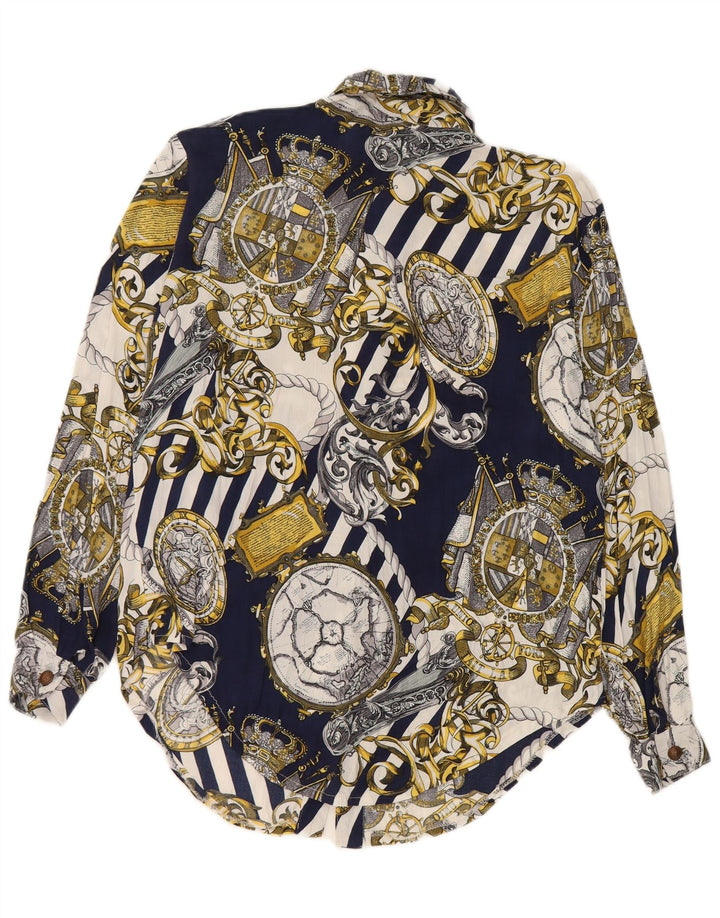 Vintage mujer patrón abstracto camisa Reino Unido 14 medio azul marino viscosa