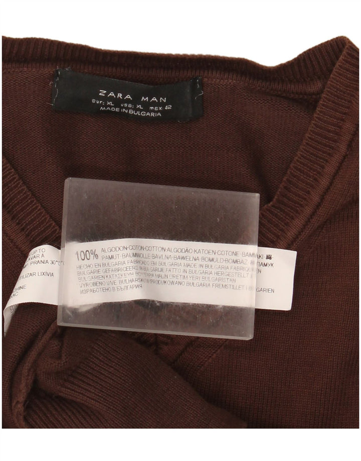 Zara Hombre Jersey Cuello Pico XL Marrón Algodón
