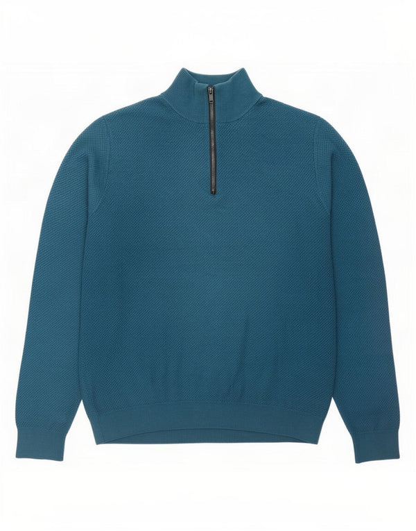 Massimo Dutti Mens Zip Neck Jumper Sweater Medium Blue Cotton