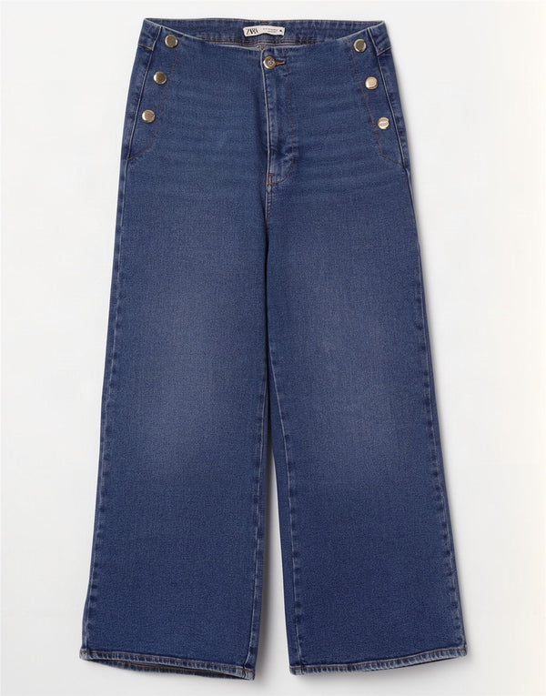 Zara Vaqueros de pierna ancha y cintura alta para mujer EU 42 Large W32 L27 Azul