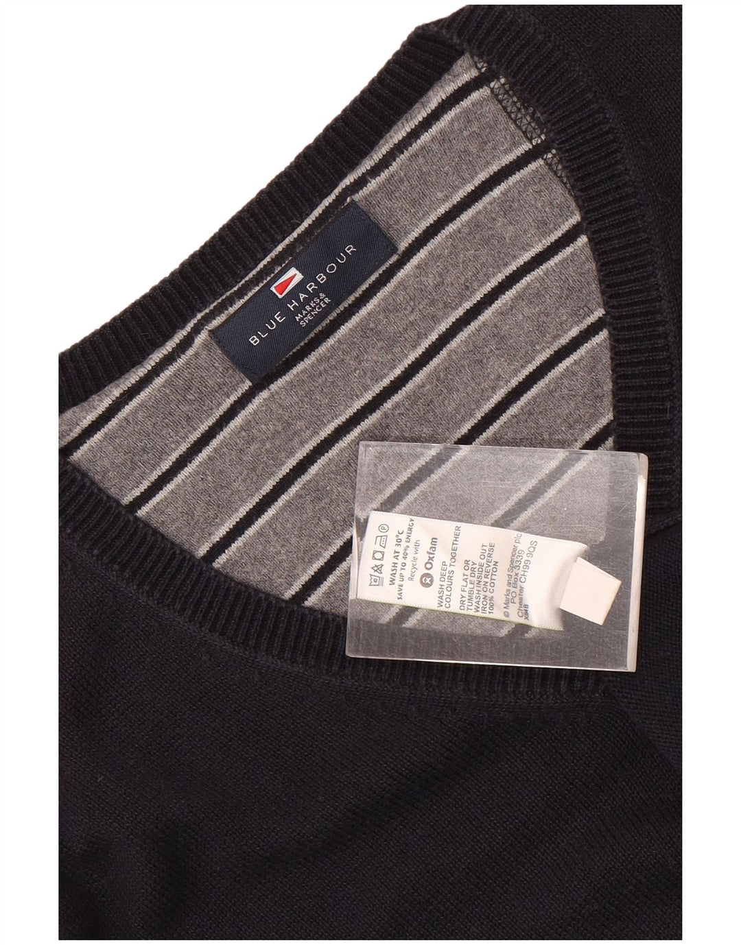 Marks & Spencer Suéter tipo jersey con cuello en V azul Harbor para hombre, talla grande, azul marino