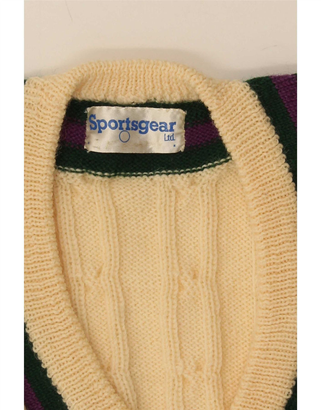 Vintage hombres V-cuello jumper suéter pequeño beige colorblock