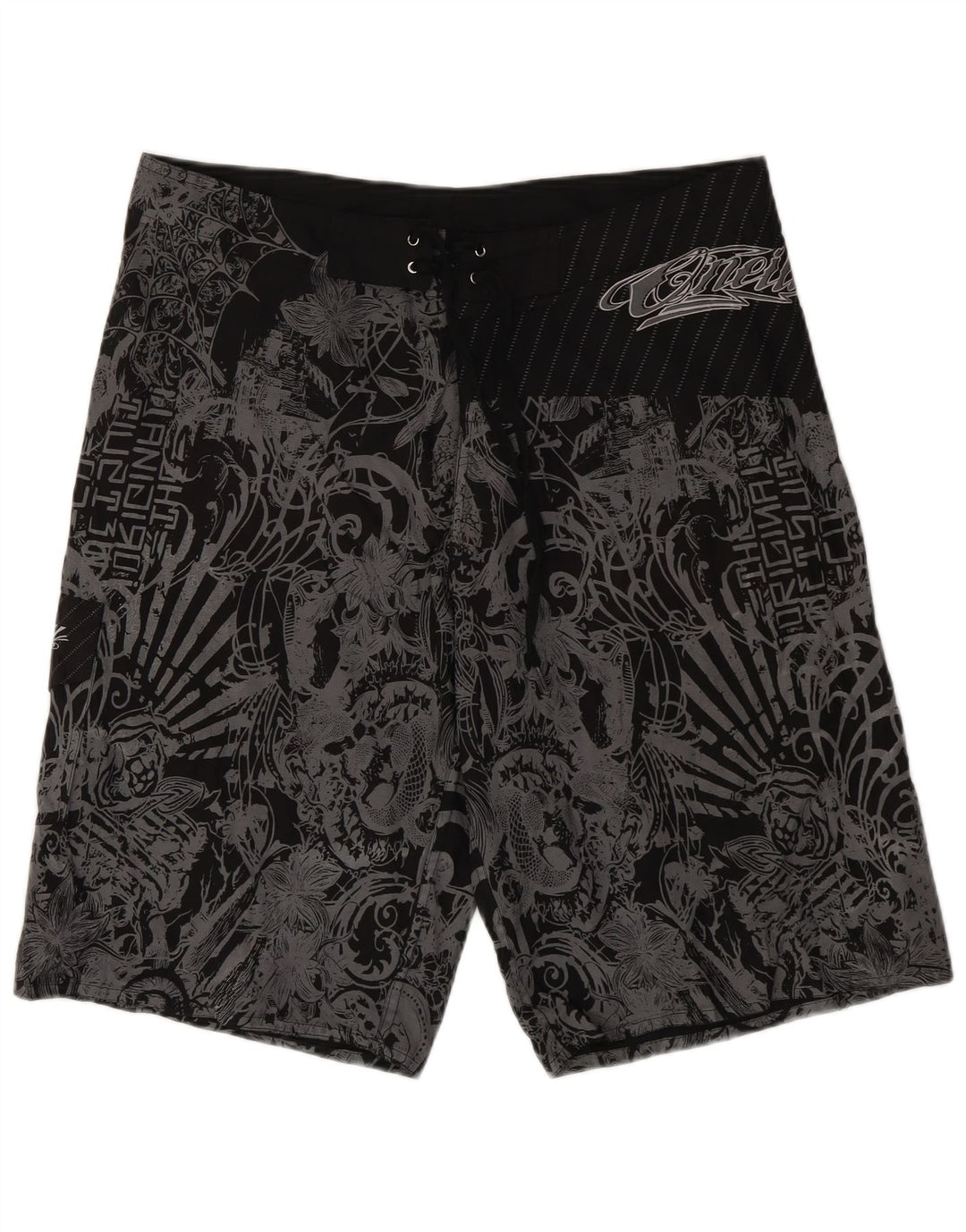 Vintage hombres gráfico natación pantalones cortos XL negro floral poliéster