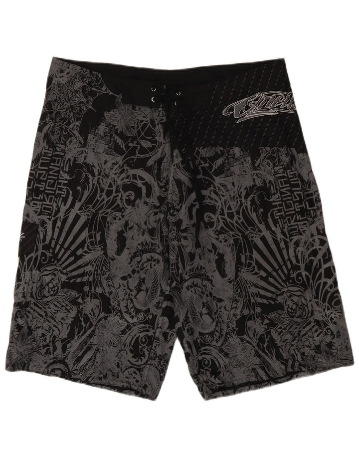 Vintage hombres gráfico natación pantalones cortos XL negro floral poliéster