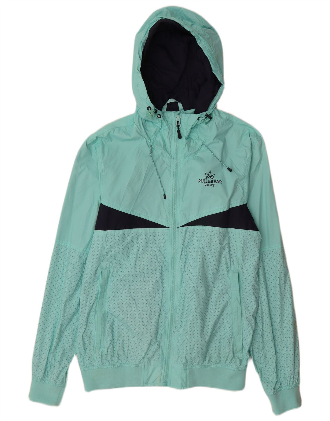 Pull & Bear Chaqueta impermeable con capucha para hombre, nailon color block, talla 40, talla grande, color turquesa