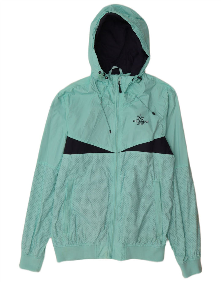 Pull & Bear Chaqueta impermeable con capucha para hombre, nailon color block, talla 40, talla grande, color turquesa