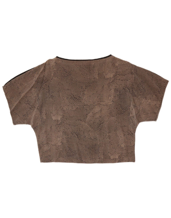 Vintage mujer crop blusa Top Reino Unido 14 marrón medio manchado seda