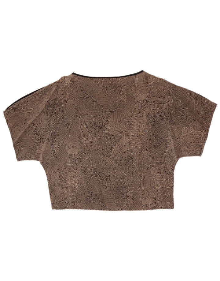 Vintage mujer crop blusa Top Reino Unido 14 marrón medio manchado seda