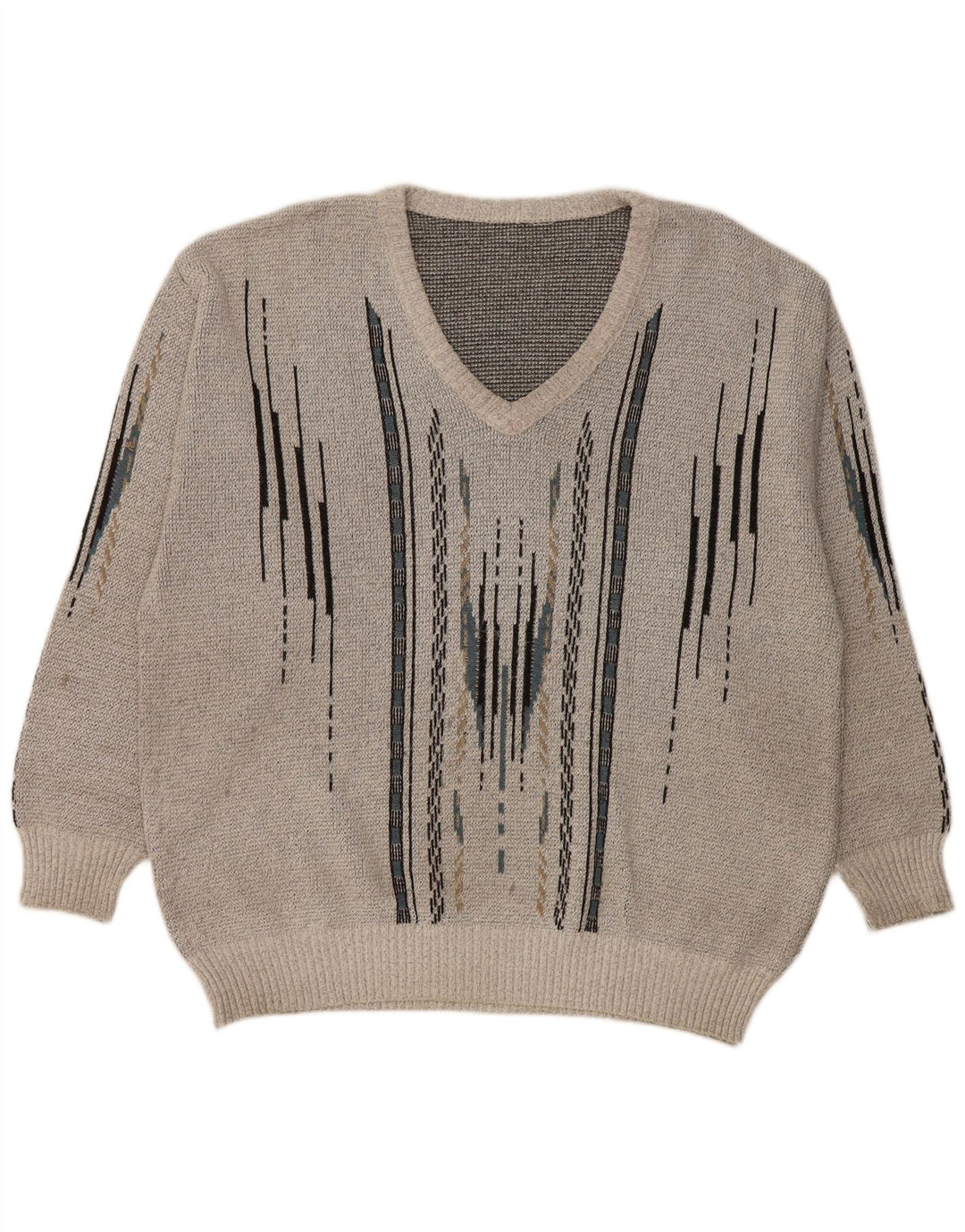 VINTAGE Hombres V-Cuello Jumper Suéter Grande Gris Geométrico