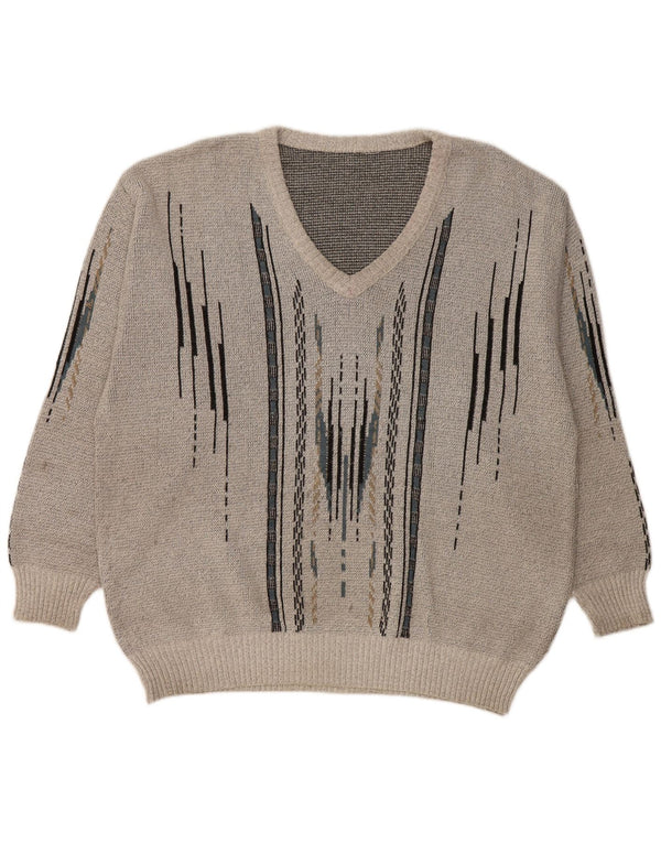 VINTAGE Hombres V-Cuello Jumper Suéter Grande Gris Geométrico