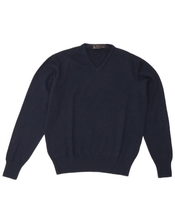 Zara Hombre Jersey Con Cuello En V De Lana Azul Marino Medio