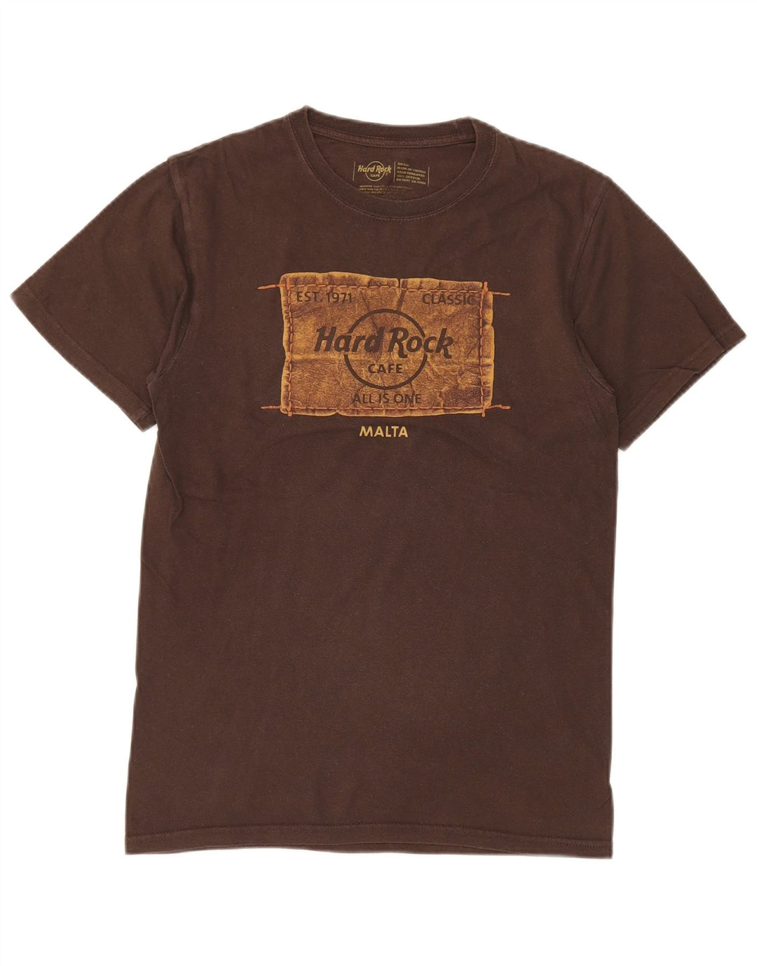 Hard Rock Cafe Mens Malta Graphic Camiseta Top Pequeño Algodón Marrón