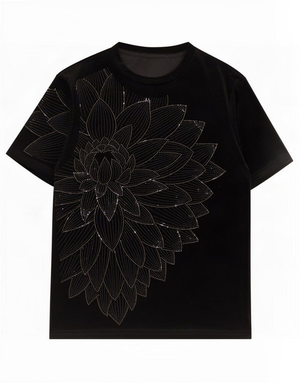 Vintage mujer terciopelo camiseta Top Reino Unido 12 medio negro floral algodón