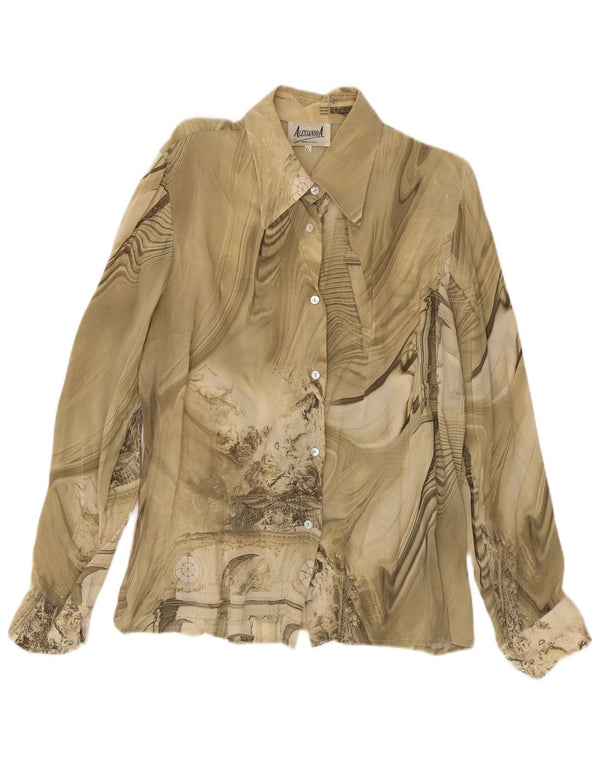 Vintage mujer camisa gráfica blusa Reino Unido 18 XL Khaki Cupro
