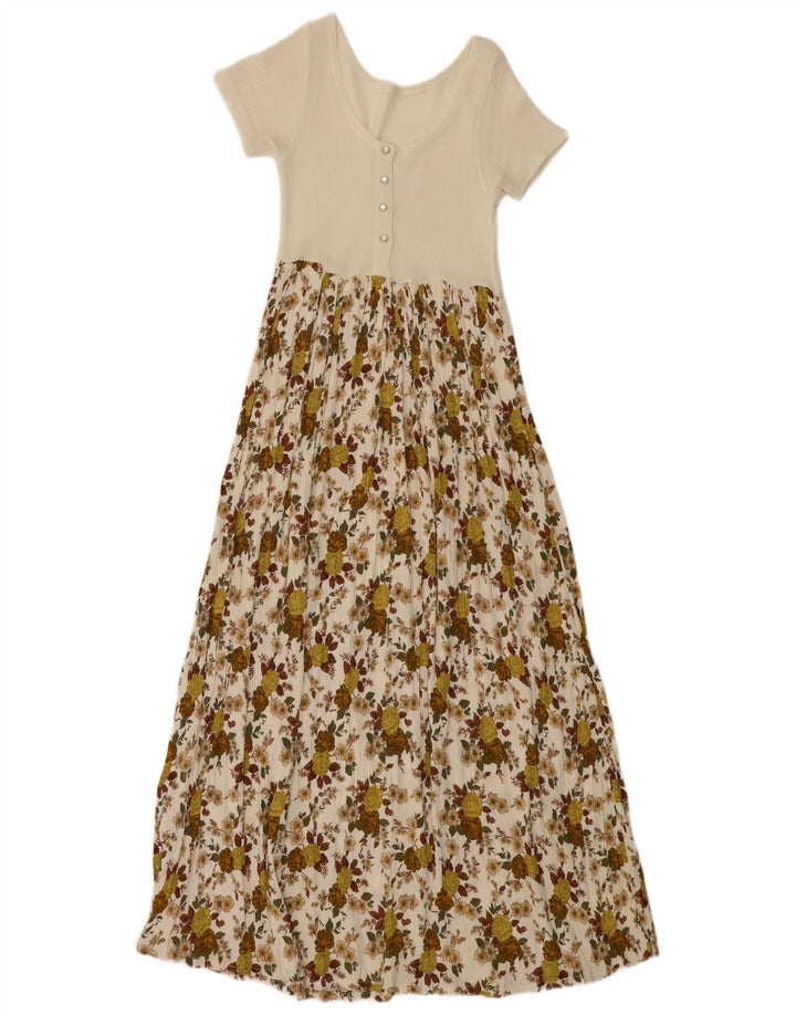 VINTAGE Mujer Maxi Vestido Reino Unido 4 XS Off Blanco Floral